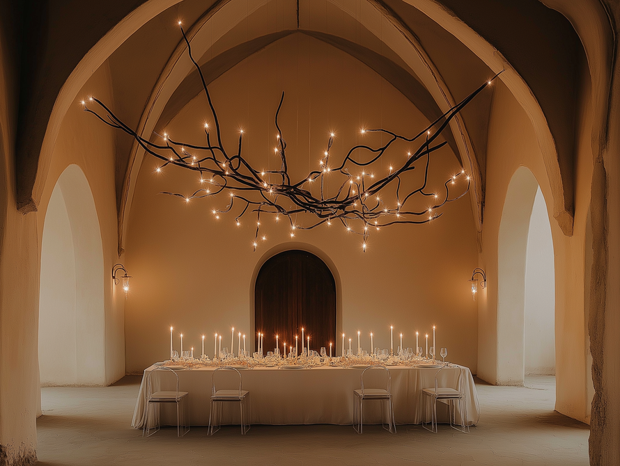 A long table with candles hanging from the ceiling in a church.