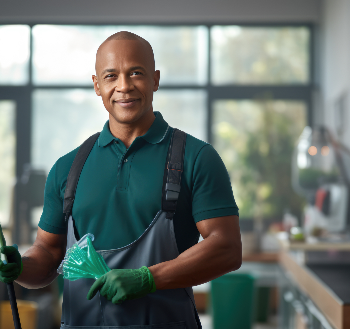 Man in green work shirt and overalls holding cleaning supplies, smiling in a room.