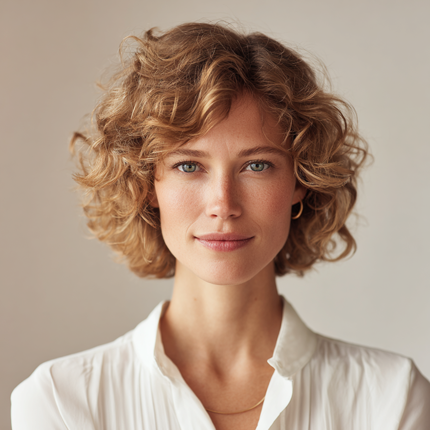 Portrait of a smiling person with curly hair in a white blouse against a beige background