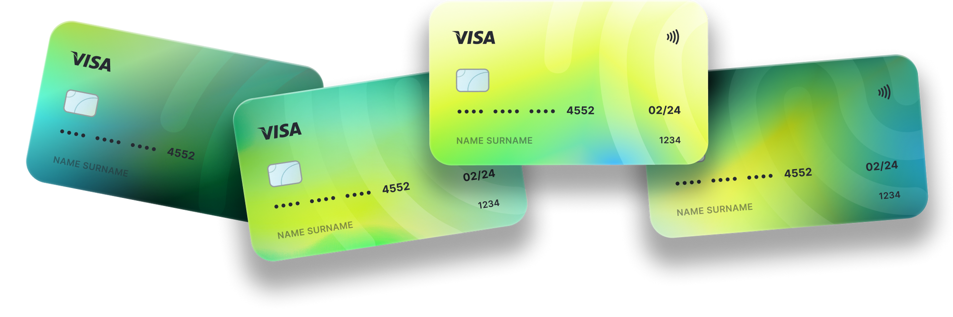 Four green and yellow visa cards are stacked on top of each other