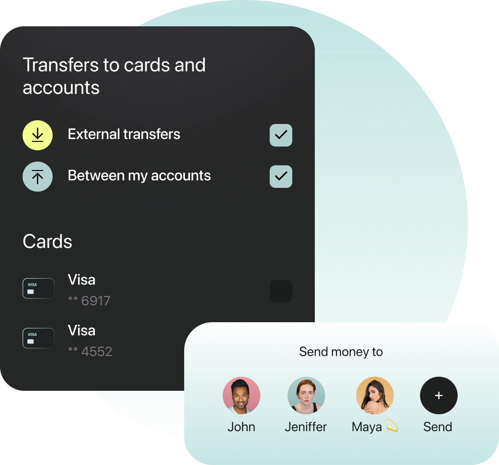 A screenshot of the transfers to cards and accounts page on a phone.