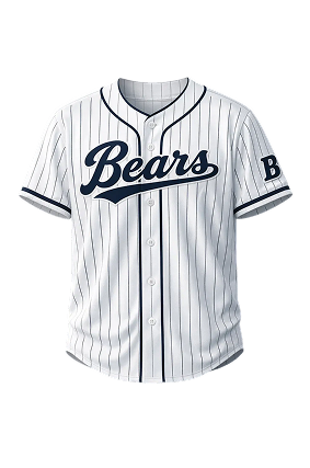 White pinstriped Bears baseball jersey with navy script lettering and sleeve logo.