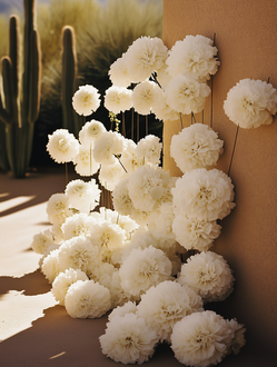 White fluffy flower arrangement against a tan wall and desert landscape.