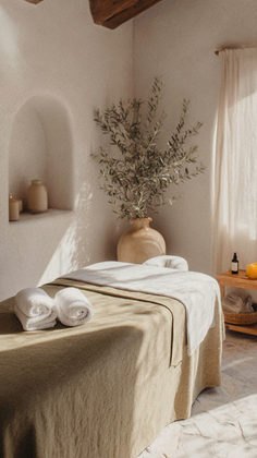 Minimal spa room with beige treatment table, rolled towels, and vase of dried branches in an arched alcove.