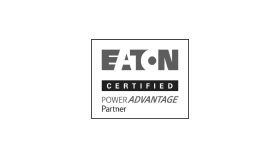 A black and white logo for eaton certified power advantage partner