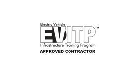 A black and white logo for an electric vehicle infrastructure training program approved contractor.