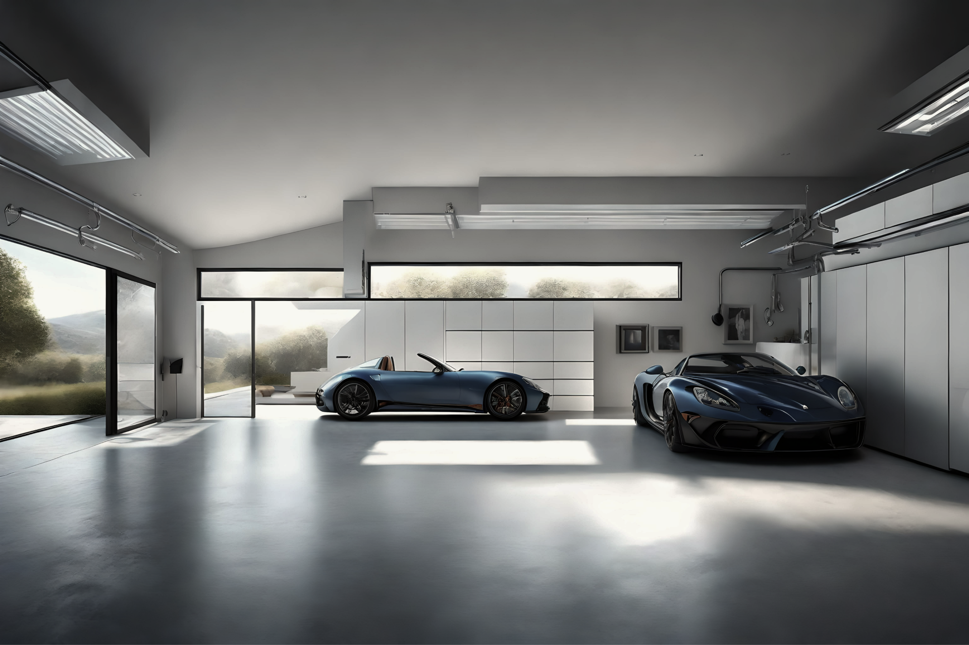 Two sports cars are parked in a garage.