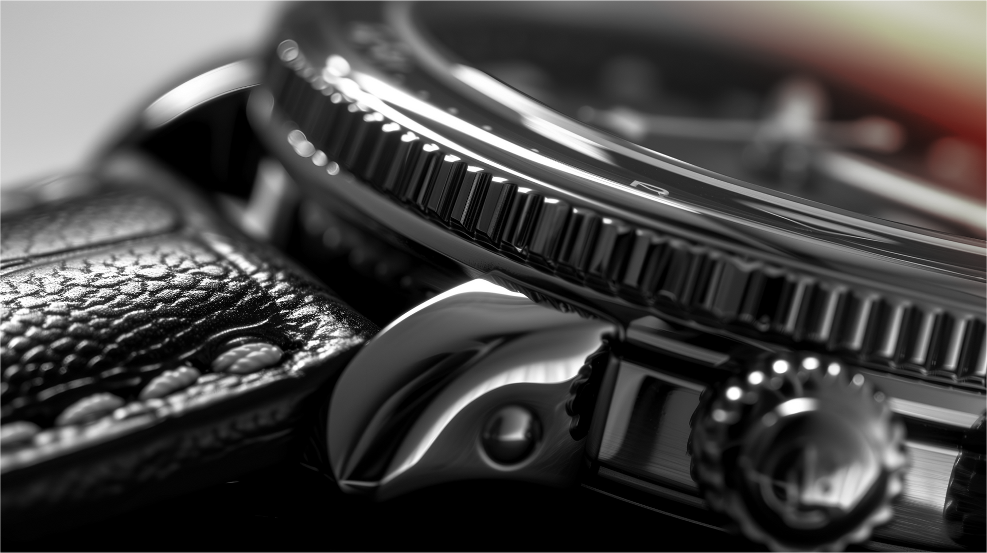 A close up of a watch with a black band
