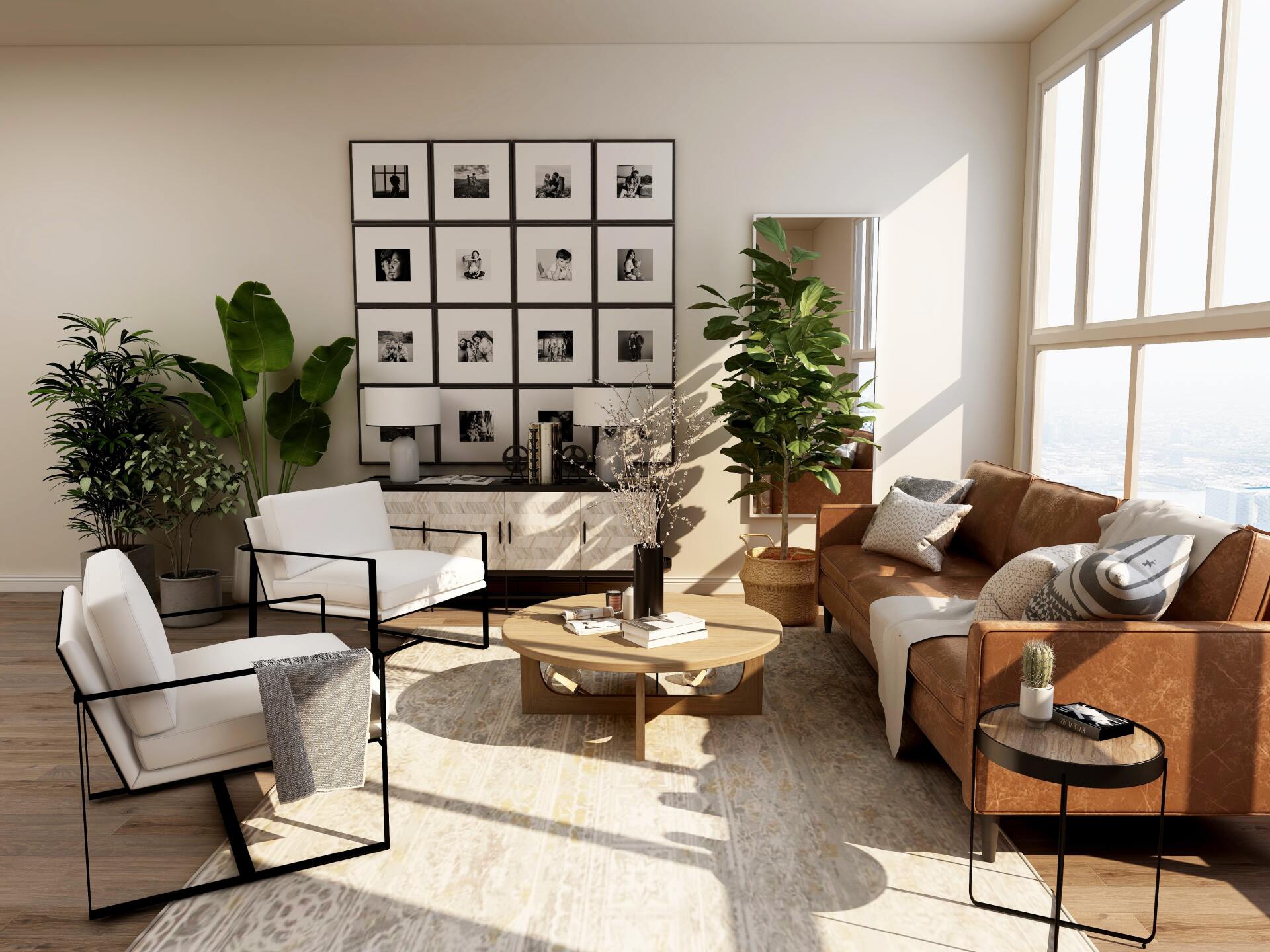 A living room with a brown couch , white chairs , a coffee table and a large window.