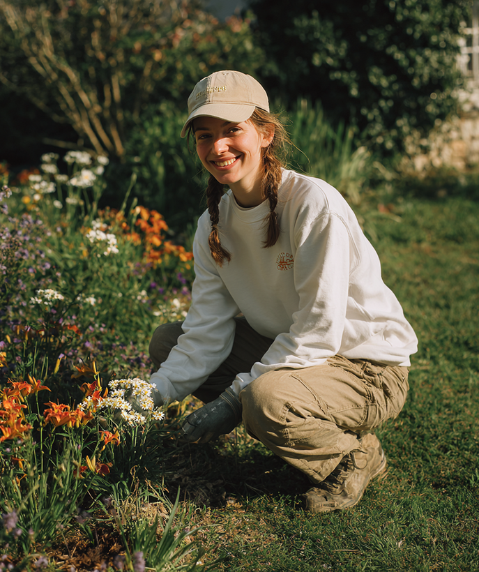Person kneeling in a sunny flower garden, smiling and tending orange blossoms.