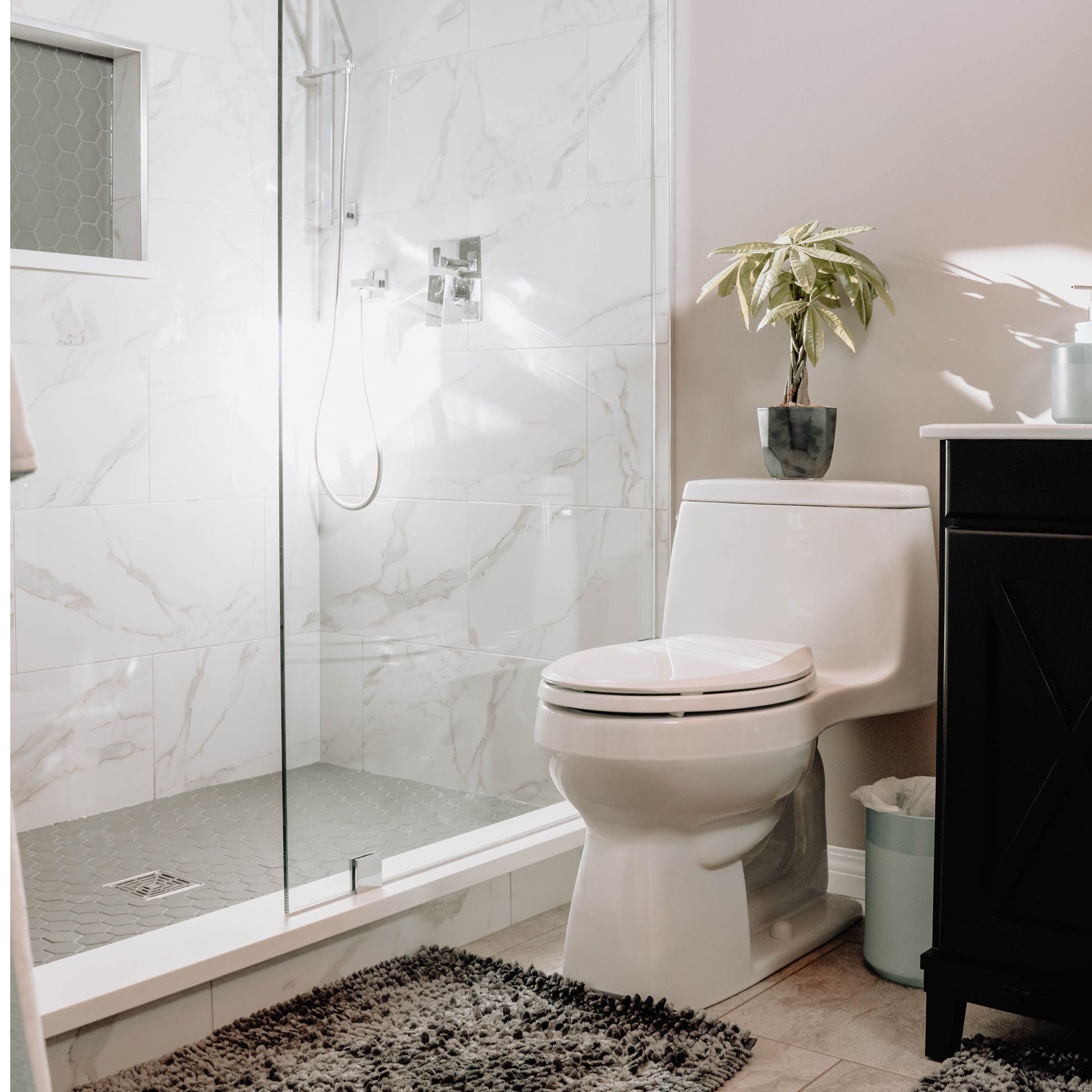 Modern bathroom with shower, toilet, and black cabinet. Marble-look walls, gray rug, and potted plant.
