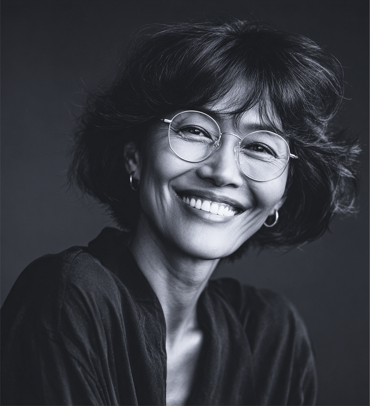 Smiling woman with glasses, dark hair, wearing a dark shirt. Black and white photo.