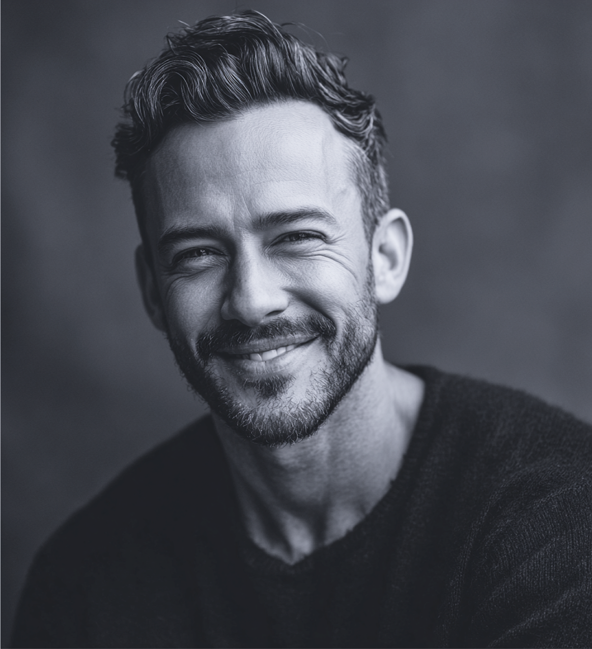 Man with dark hair and beard smiles at the camera. Black and white portrait.