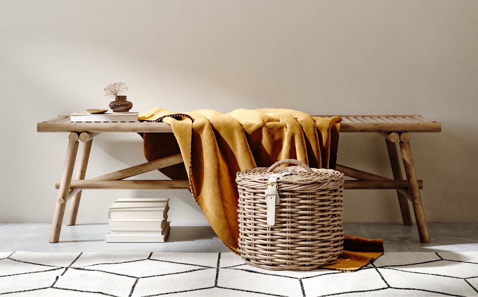 Modern wooden bench styled with a throw blanket, woven basket, representing handcrafted furniture and warm interior design