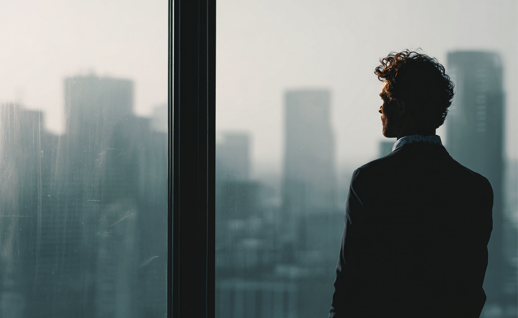 Silhouetted person standing by a large window, looking out at a hazy city skyline.