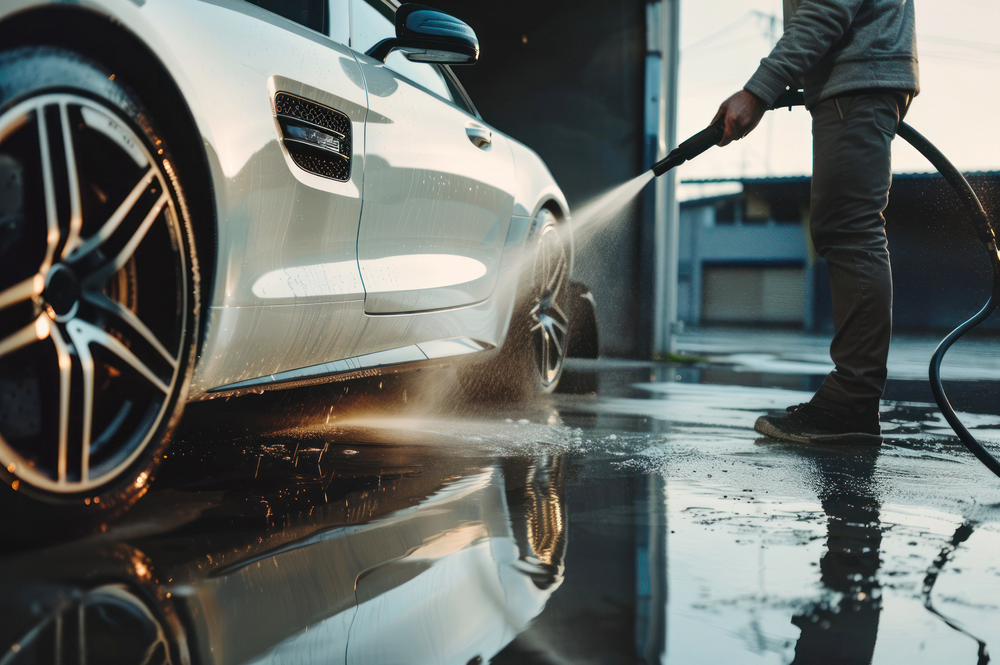 A man is washing a car with a high pressure washer for restex services