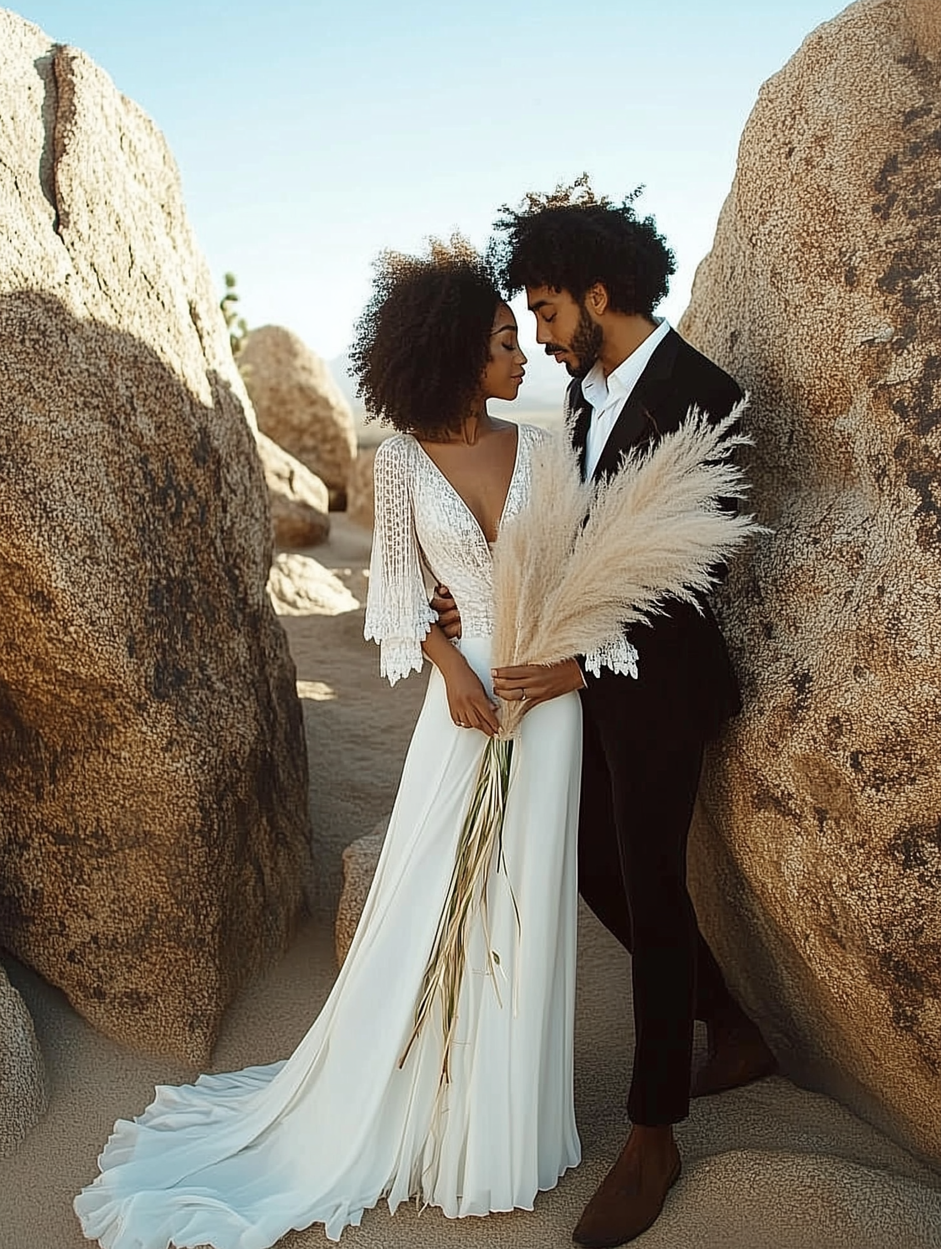 A bride and groom are standing next to each other holding pampas grass.
