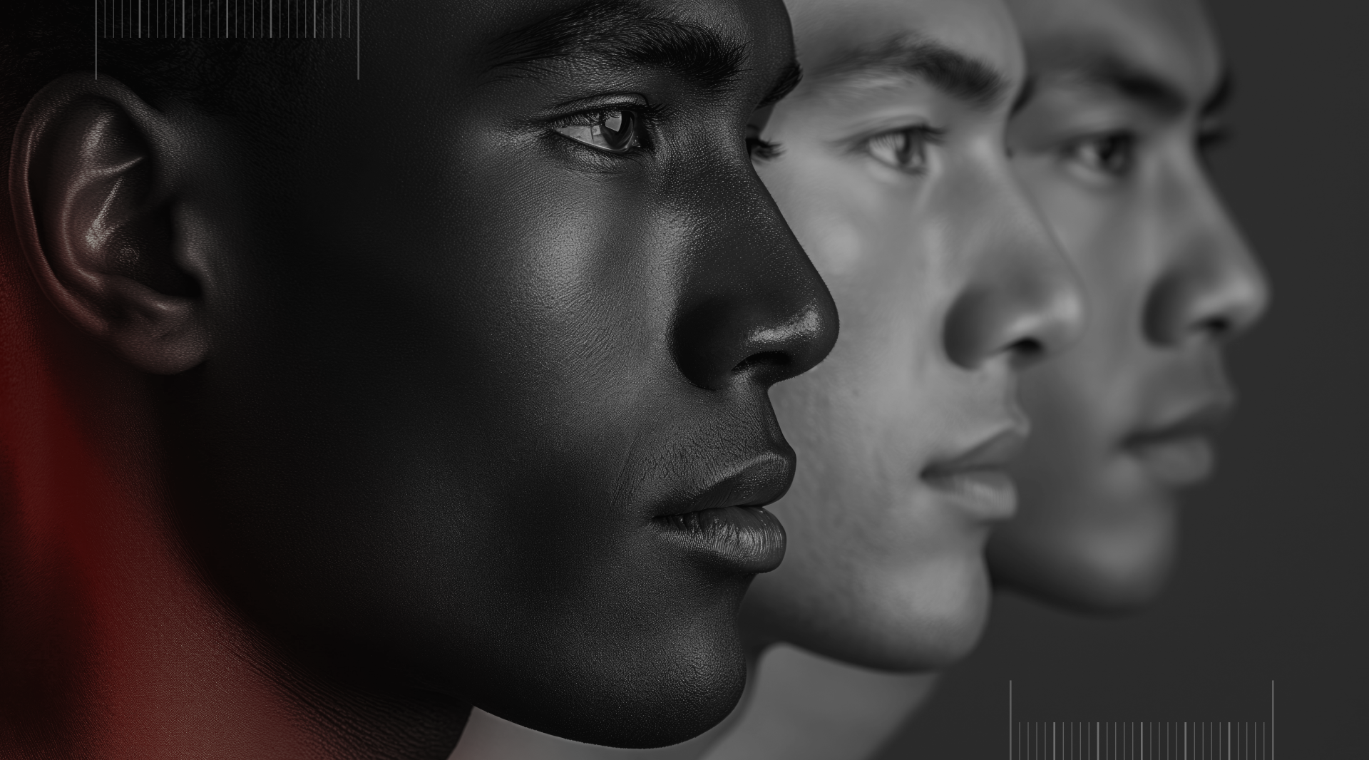 Three faces in profile, progressively lighter skin tones against a gray background.