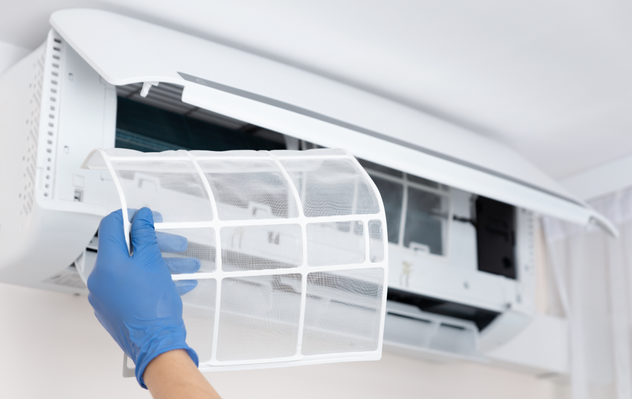 A person wearing blue gloves removes a clean, white plastic mesh filter from a wall-mounted air conditioner.