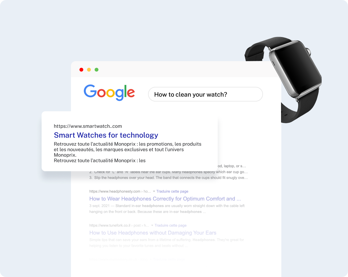 Google search results on a laptop screen next to a smartwatch. The search query is 
