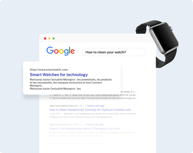 A Google search result on a laptop screen next to a smartwatch, showing search results for 