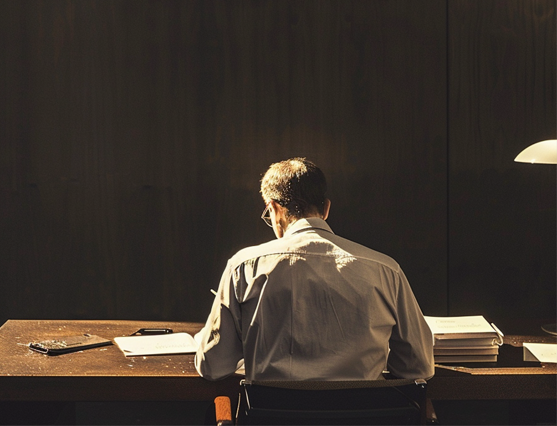 A person sits at a wooden desk in a dimly lit room, illuminated by a spotlight while working on papers.