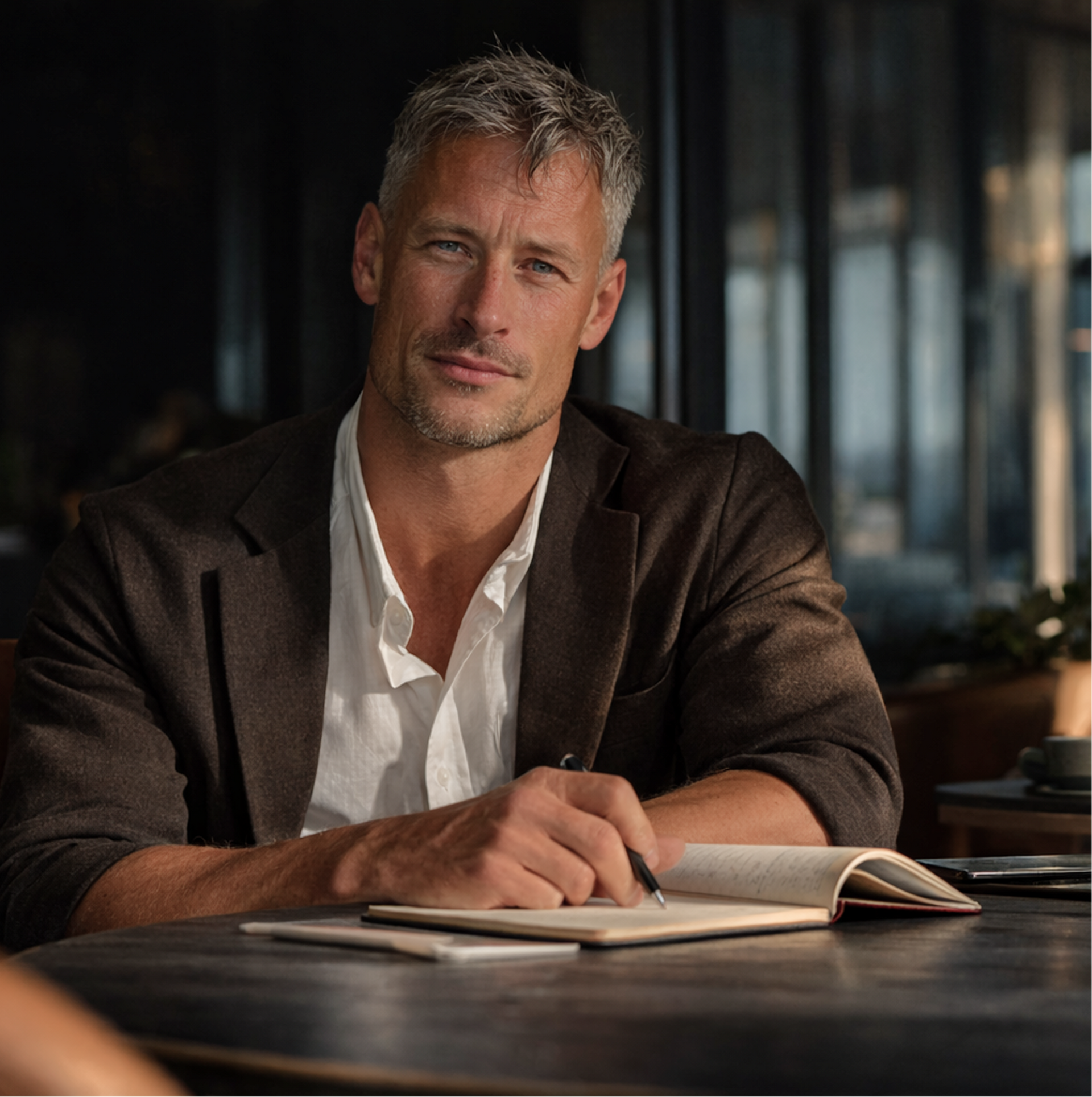 A person in a brown blazer and white shirt sitting at a desk, writing in a notebook in a dimly lit office setting.