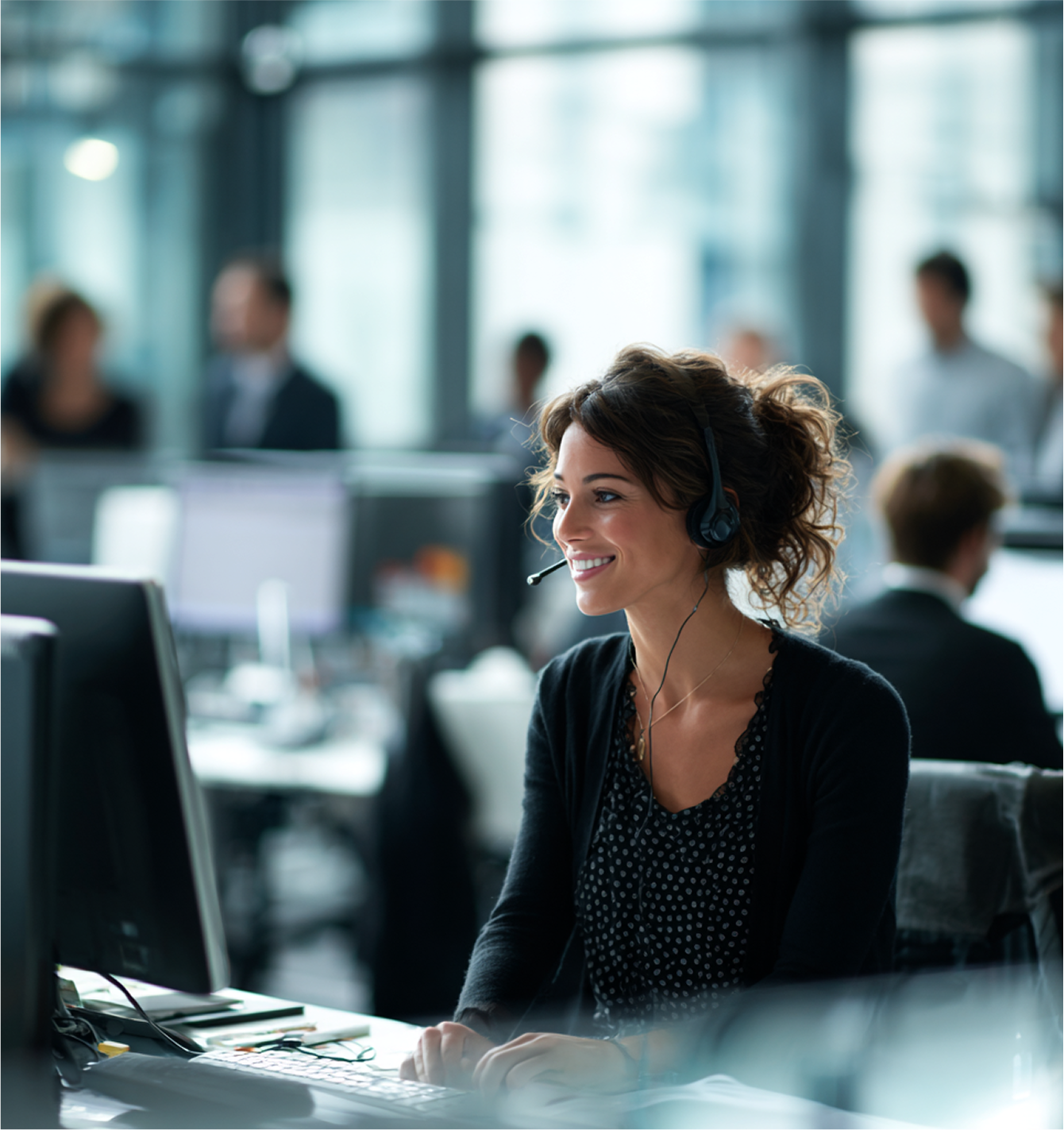 Woman wearing headset smiles, typing at computer in busy office.