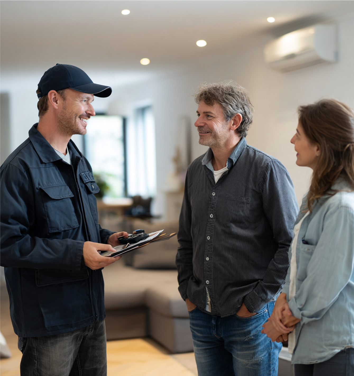 A service worker in a blue uniform discusses paperwork with a couple in a home.