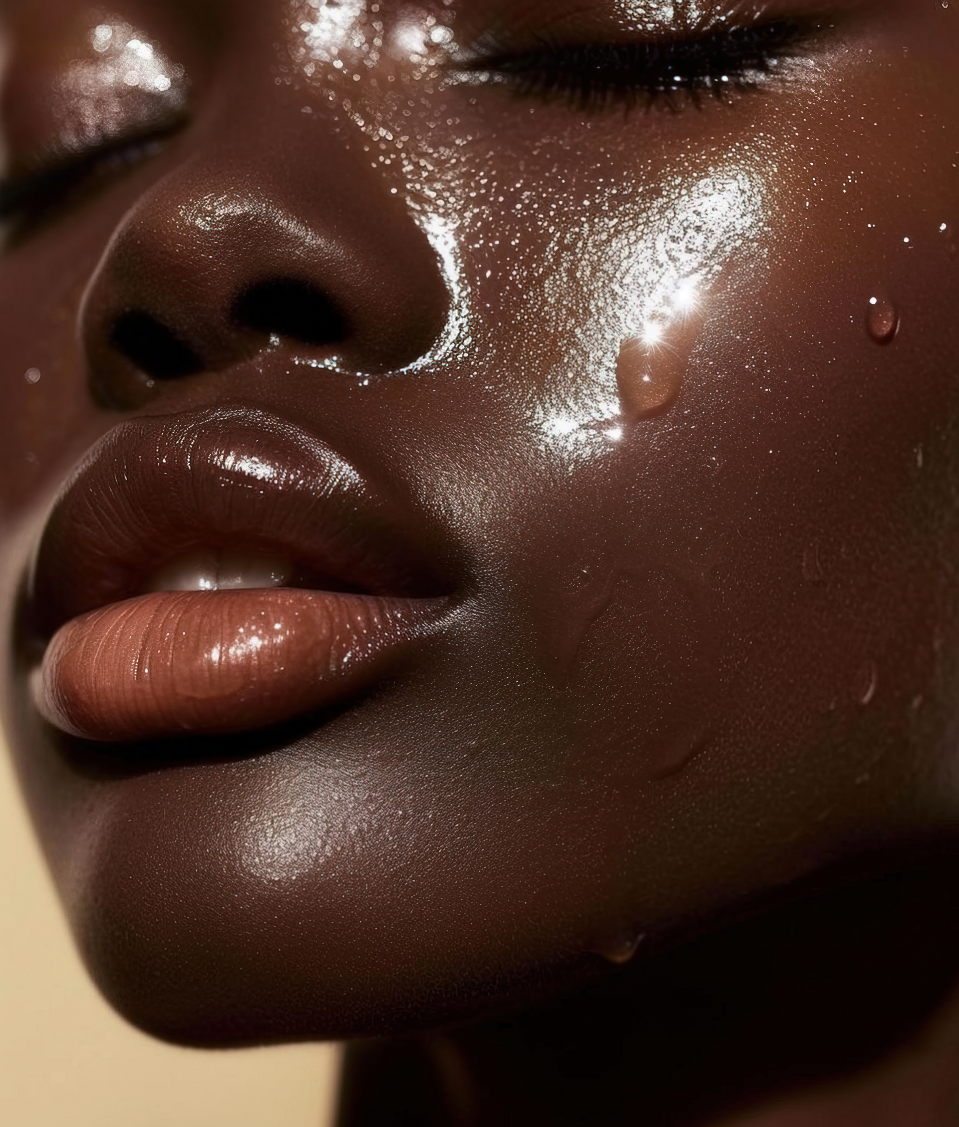 Close-up of skin glistening with moisture; lips are glossy; drops of liquid cascade down the face.