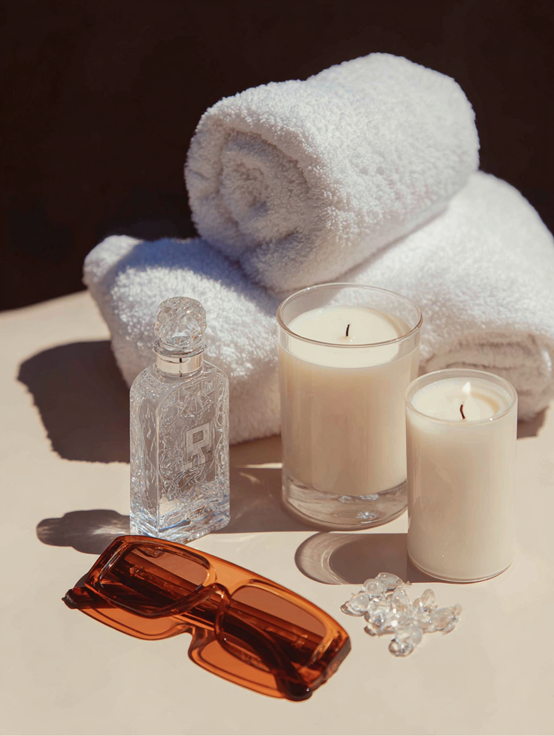 White towels, candles, a perfume bottle, sunglasses, and crystals.