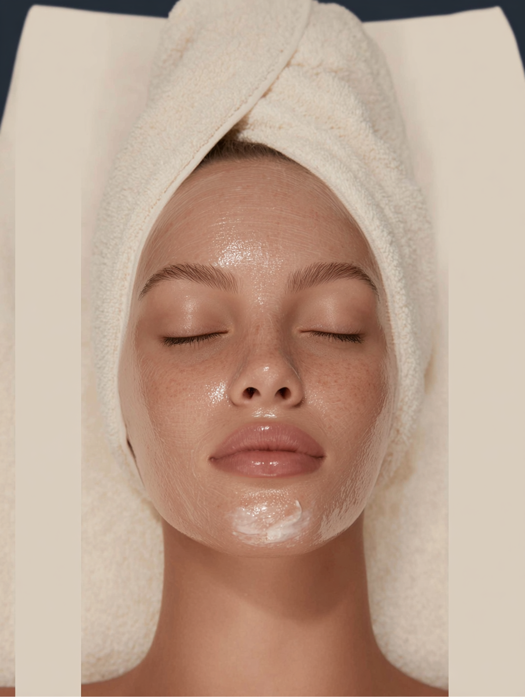 Woman with eyes closed, face covered in cream, wrapped in a towel.
