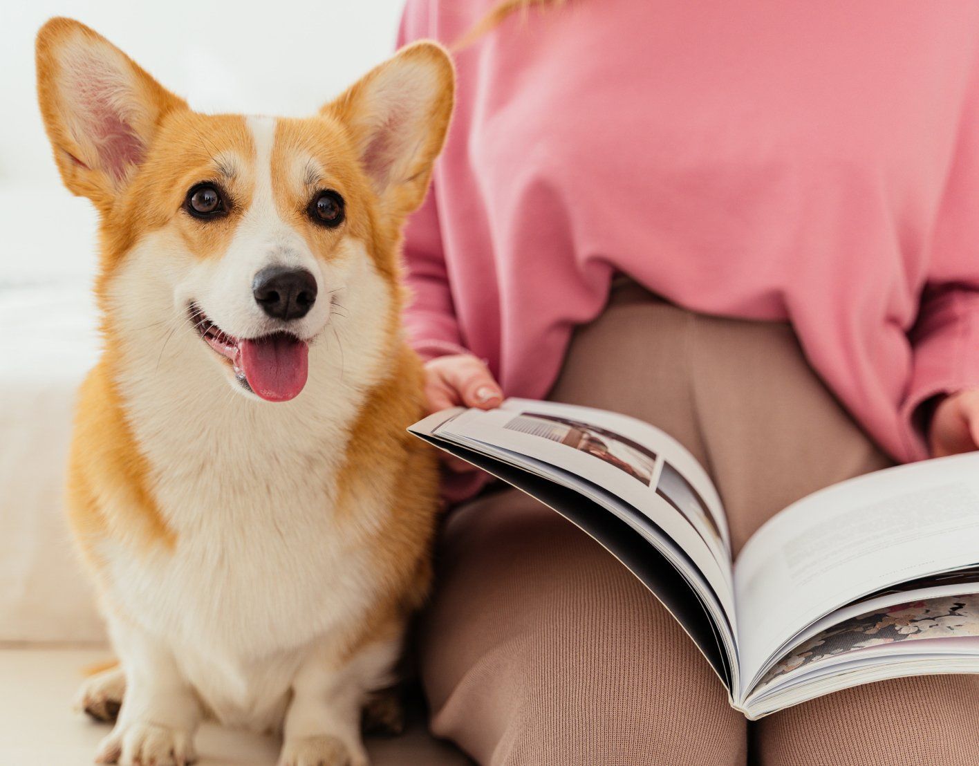 A woman is sitting on a couch reading a book to her dog.