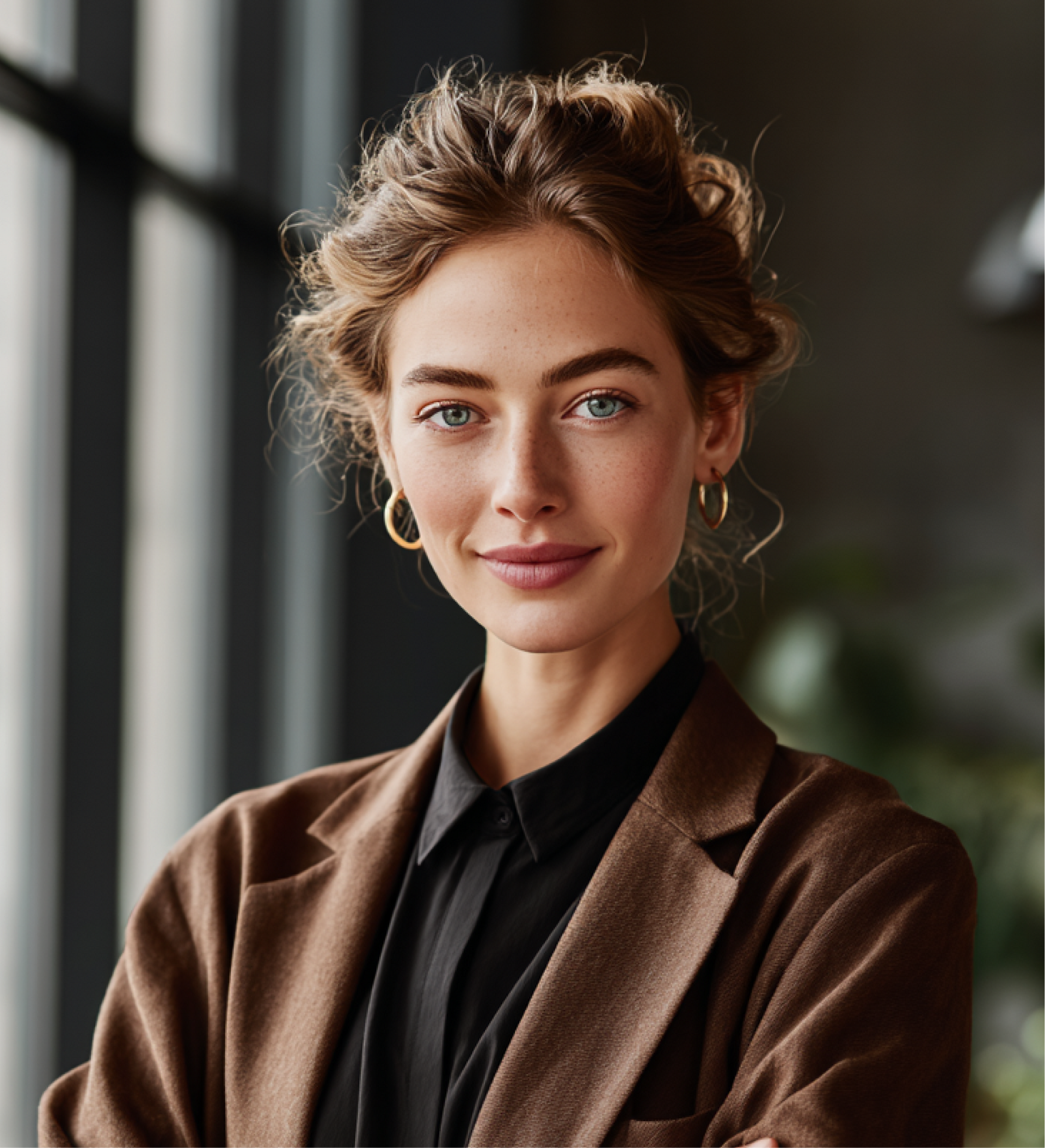 Una persona con i capelli mossi, che indossa un blazer marrone e una camicia nera, sorride leggermente mentre è in piedi in un ufficio.