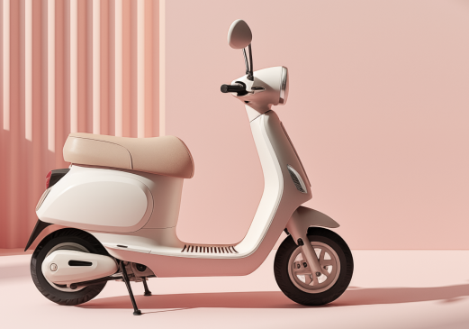 White and tan electric scooter on a pink background, parked with kickstand down.