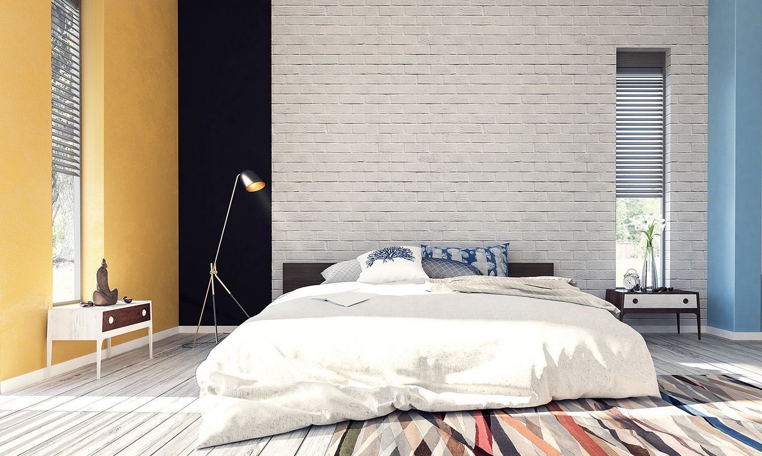 Um quarto com cama, mesa de cabeceira, abajur e janela.