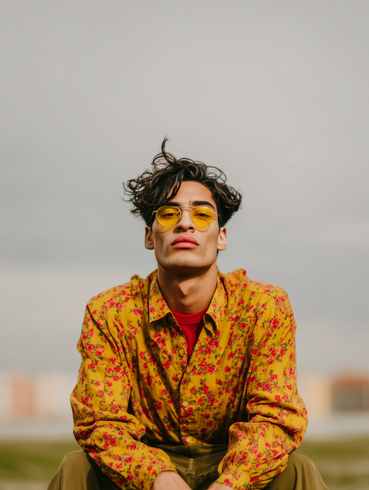 Person in yellow sunglasses and a red floral shirt sits outdoors against a cloudy sky.
