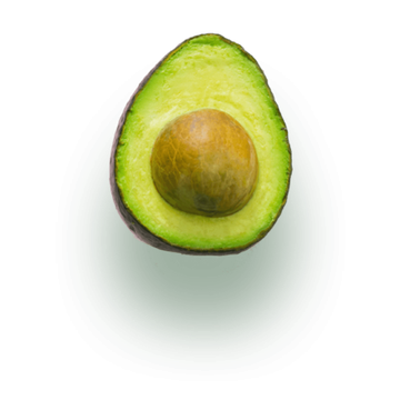 Medio aguacate con hueso marrón, sobre un fondo blanco.