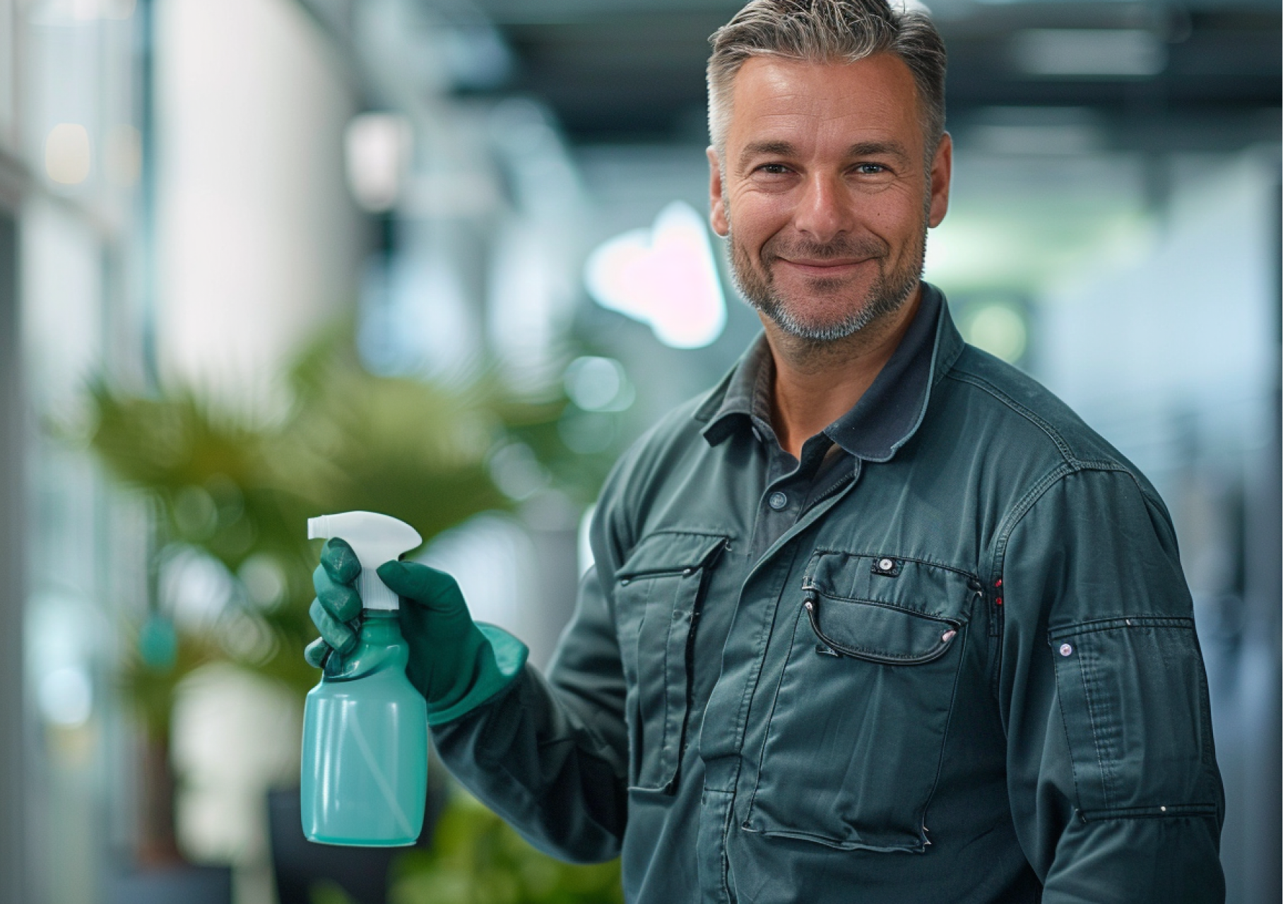 Man in groen werkpak houdt een plantenspuit vast en lacht naar de camera in een moderne kantoorruimte.