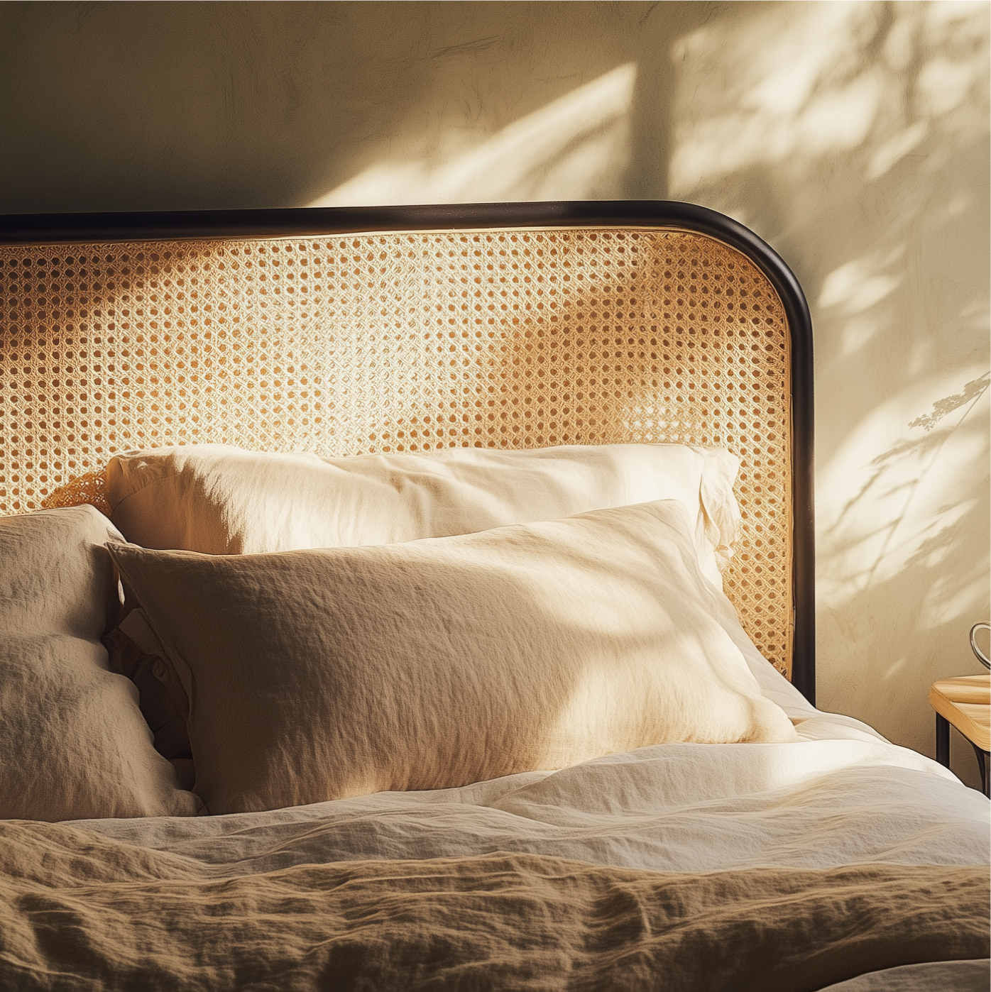 A bed with a wicker headboard and pillows on it