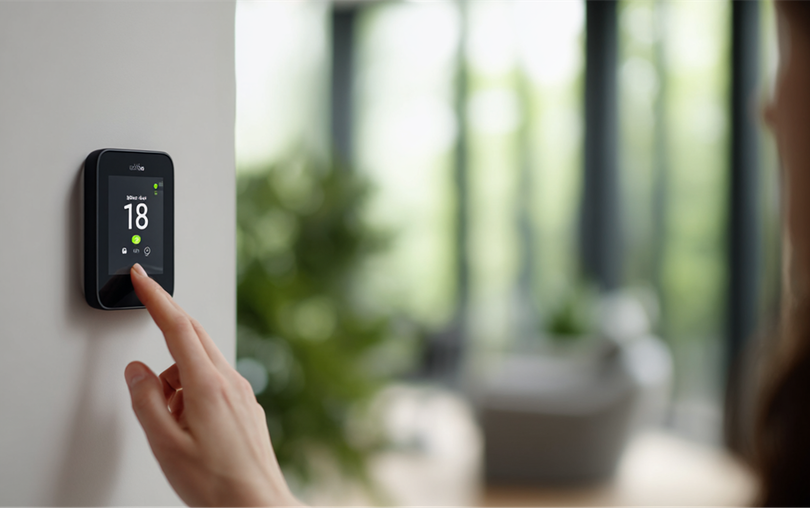 Hand tapping a wall thermostat showing 18°C in a bright room with blurred windows