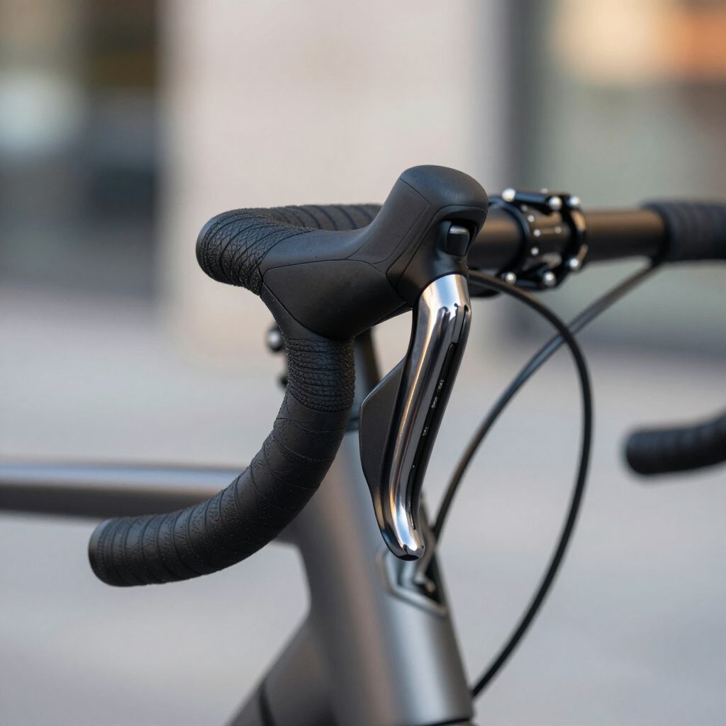 A close-up of a black bicycle handlebar with a silver brake lever and taped grip on a matte grey bike frame.