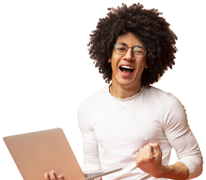 a man with an afro and glasses is holding a laptop