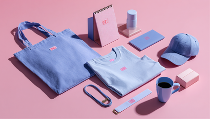 A collection of branded lavender-colored merchandise including a tote bag, shirt, notebook, cap, and mug on a pink surface.