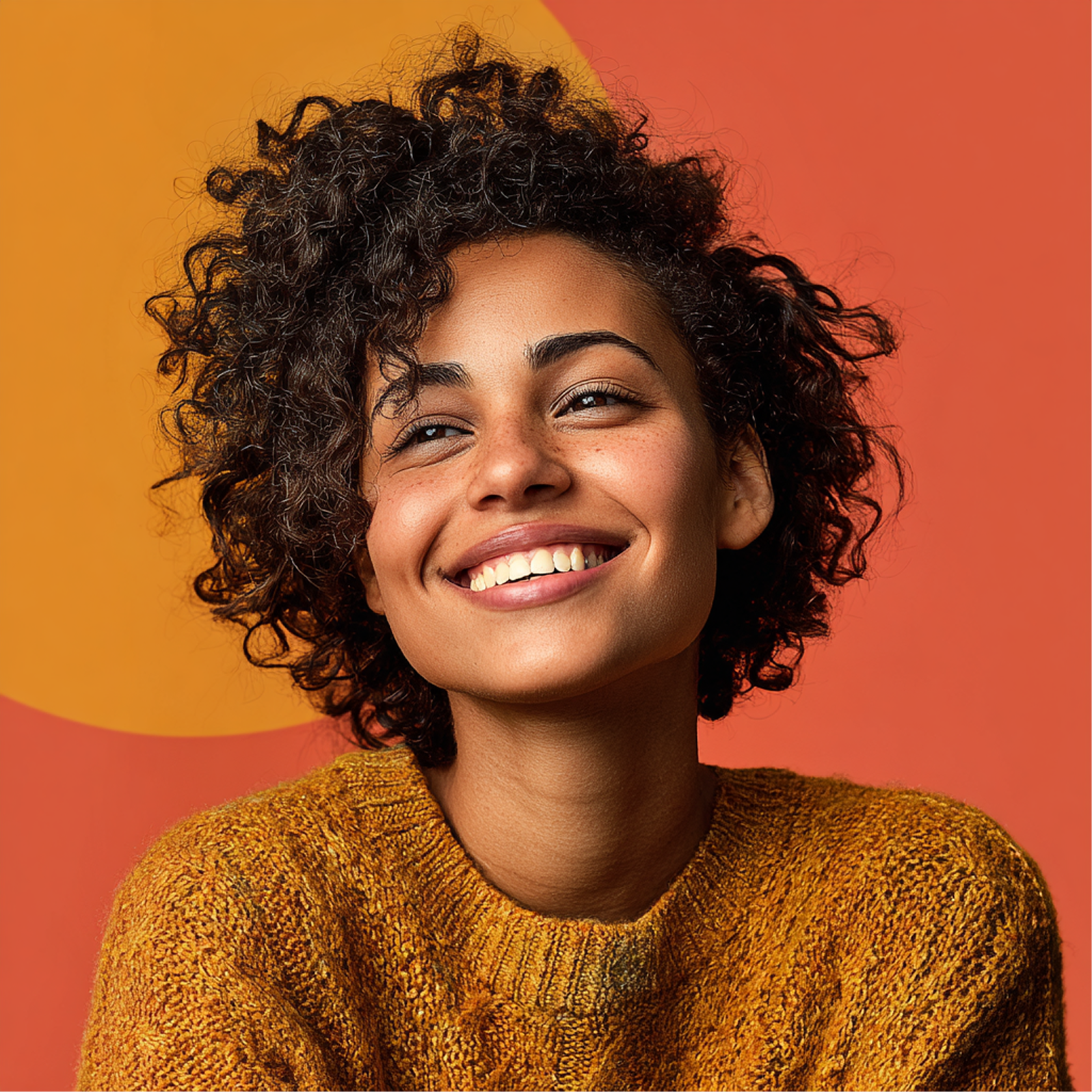 Woman with curly hair smiles, wearing an orange sweater, against a warm background.