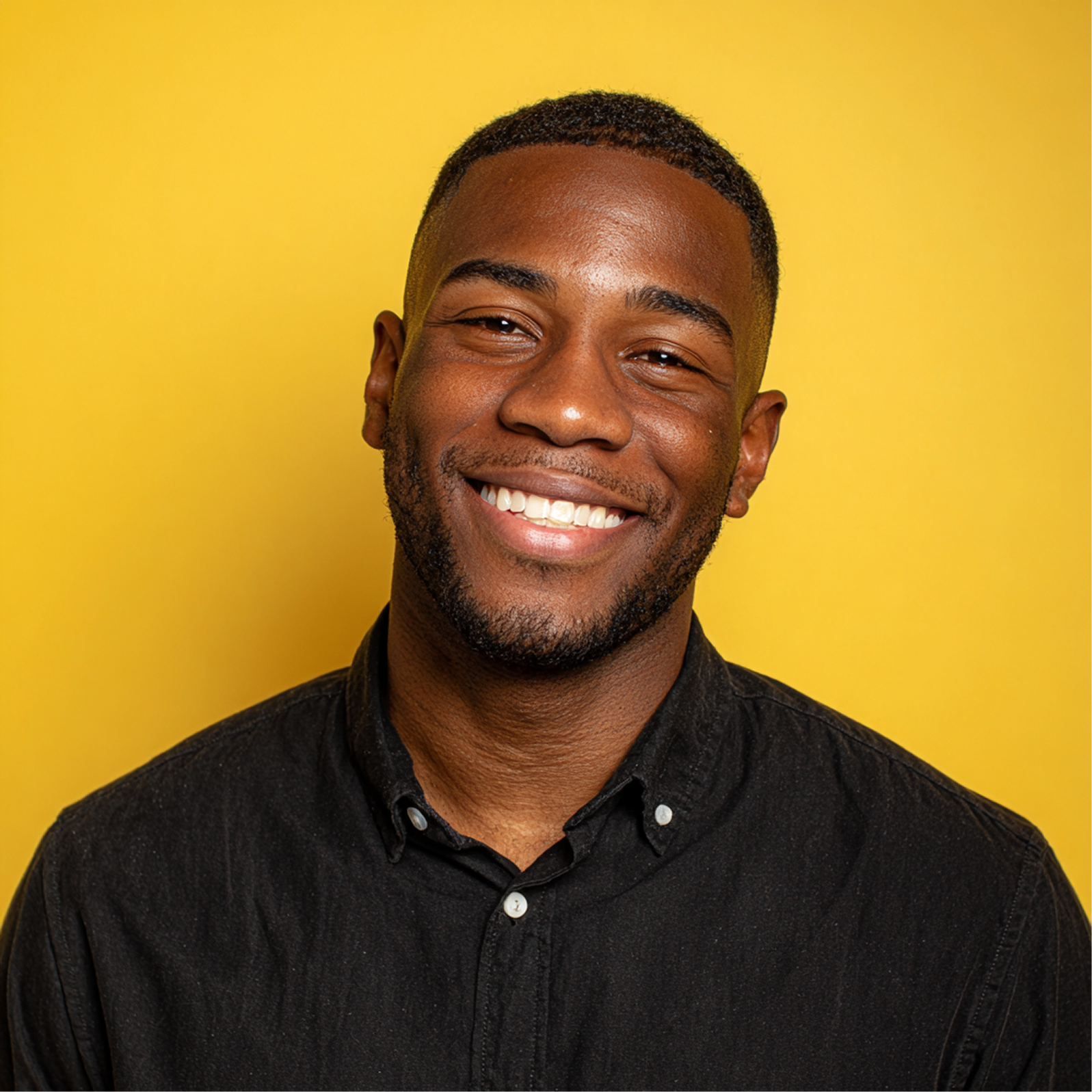 Smiling person in a black button-down shirt against a yellow background.
