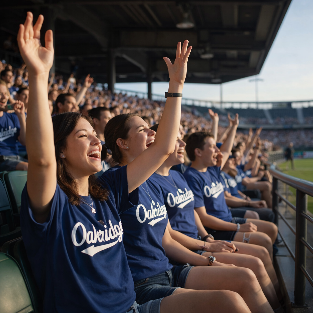 Fans in navy shirts cheer with raised hands at an outdoor baseball stadium.
