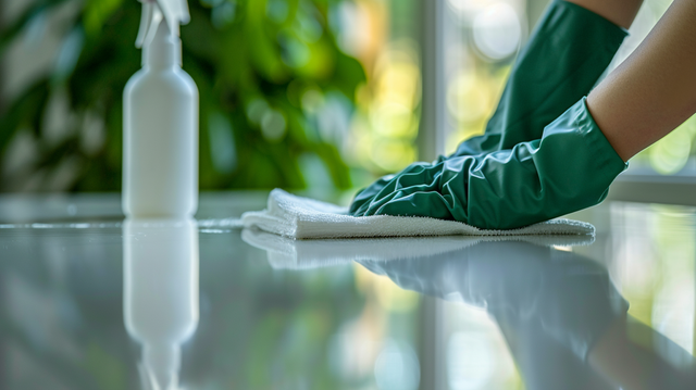 Une personne portant des gants verts nettoie une table avec un chiffon.