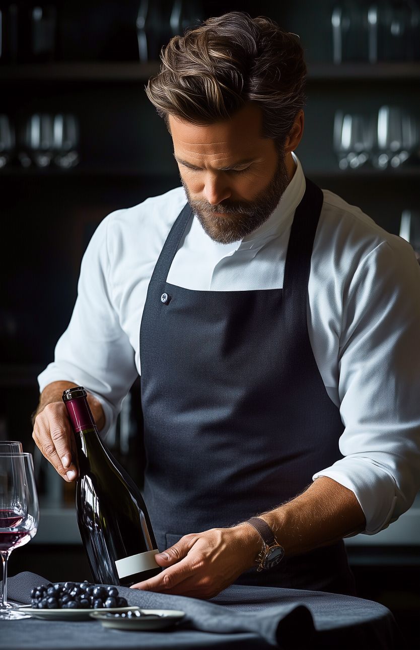 Un uomo barbuto, con indosso una camicia bianca e un grembiule scuro, esamina attentamente una bottiglia di vino rosso, con bicchieri e uva nelle vicinanze.
