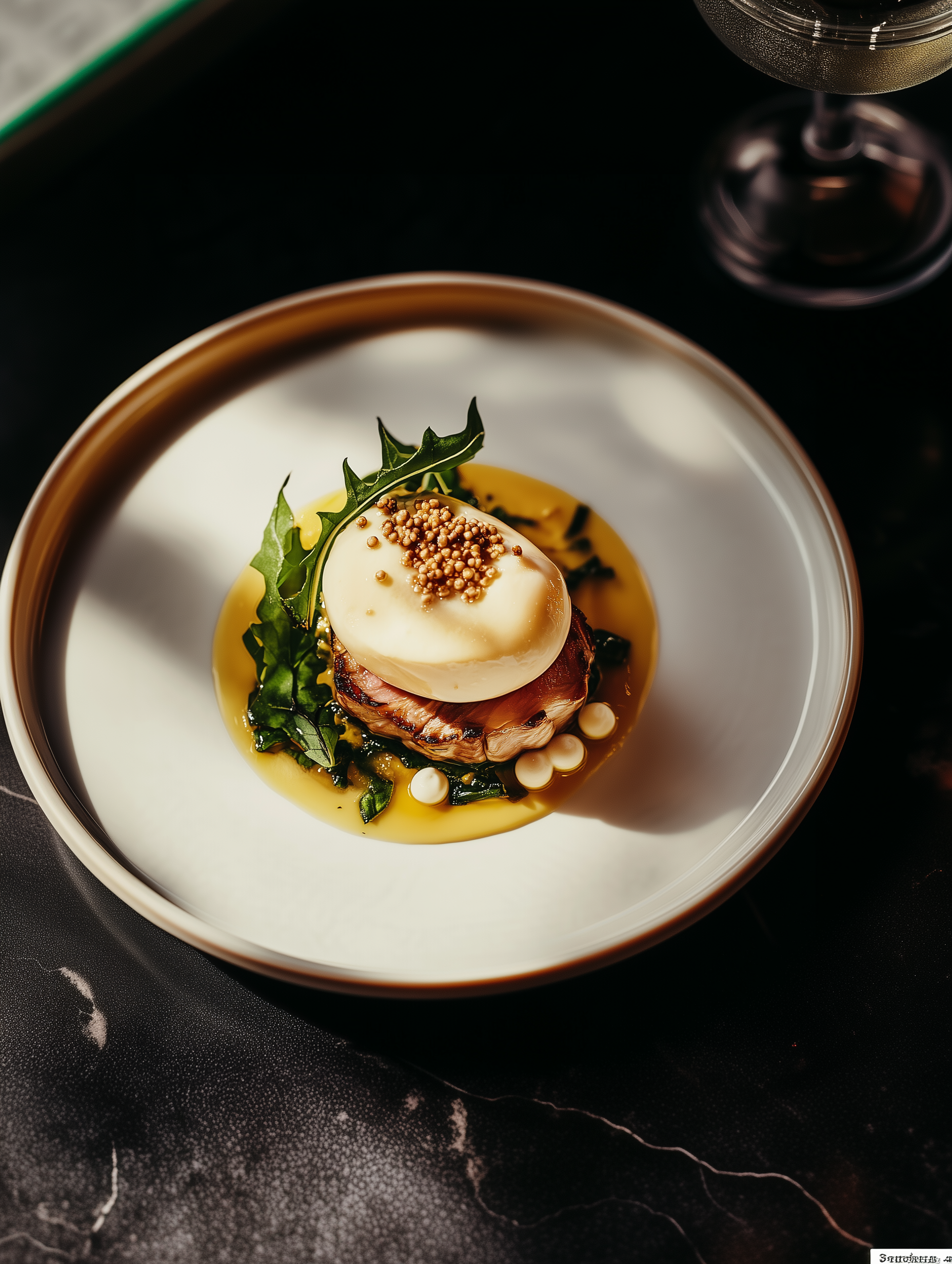 Un piatto gourmet con una capasanta scottata, sormontata da spuma e guarnizione, servita su un letto di verdure e salsa gialla in un piatto bianco.